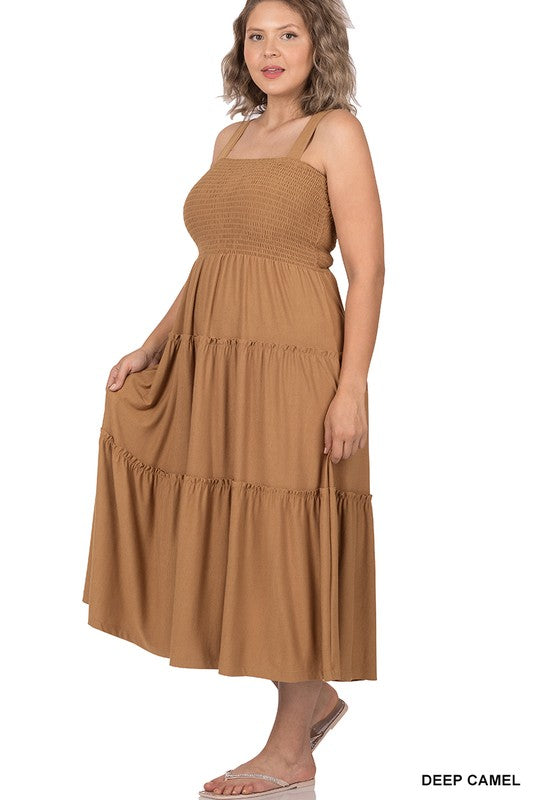SMOCKED TIERED MIDI DRESS
