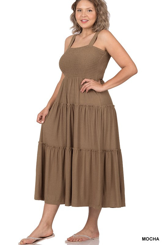 SMOCKED TIERED MIDI DRESS