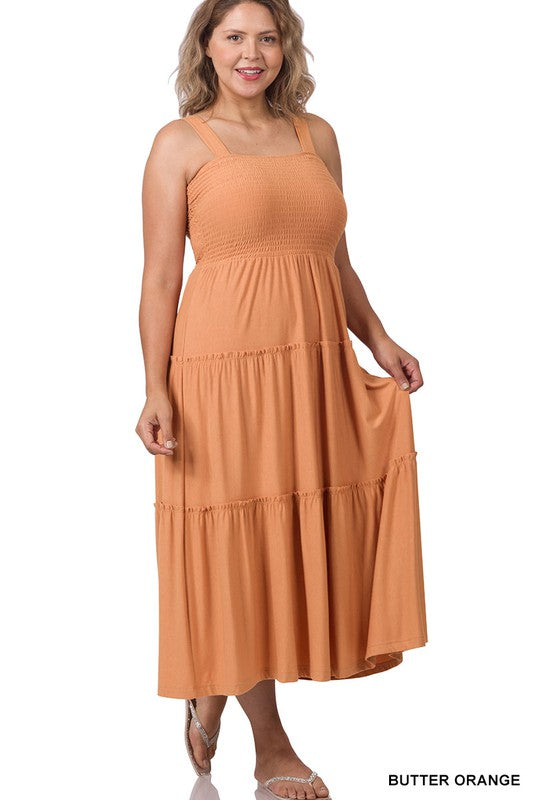 SMOCKED TIERED MIDI DRESS