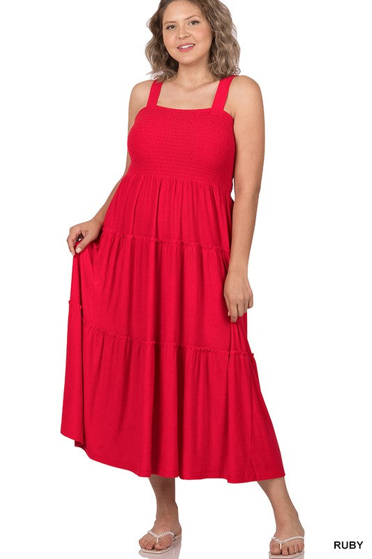 SMOCKED TIERED MIDI DRESS
