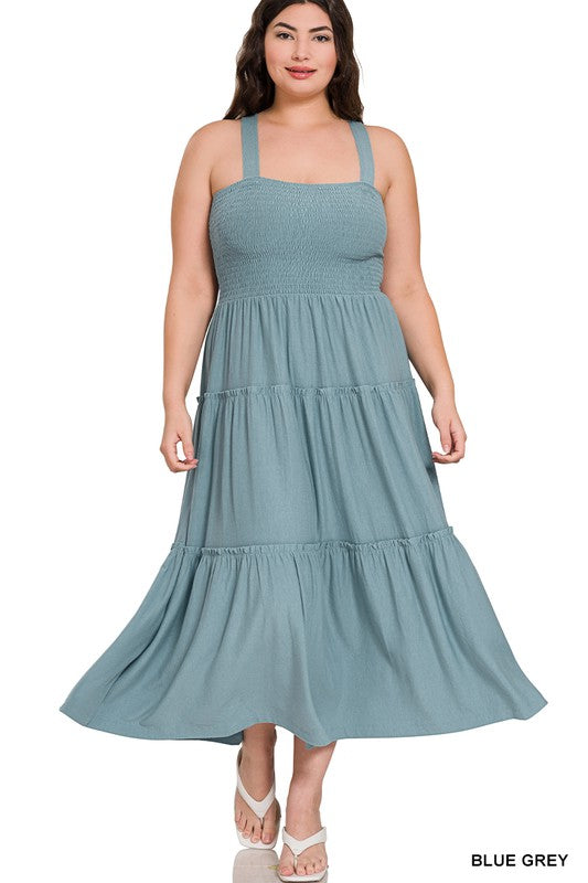 SMOCKED TIERED MIDI DRESS