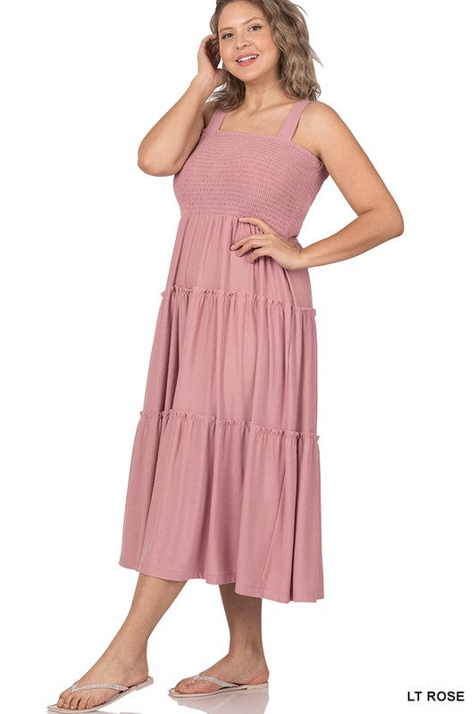 SMOCKED TIERED MIDI DRESS