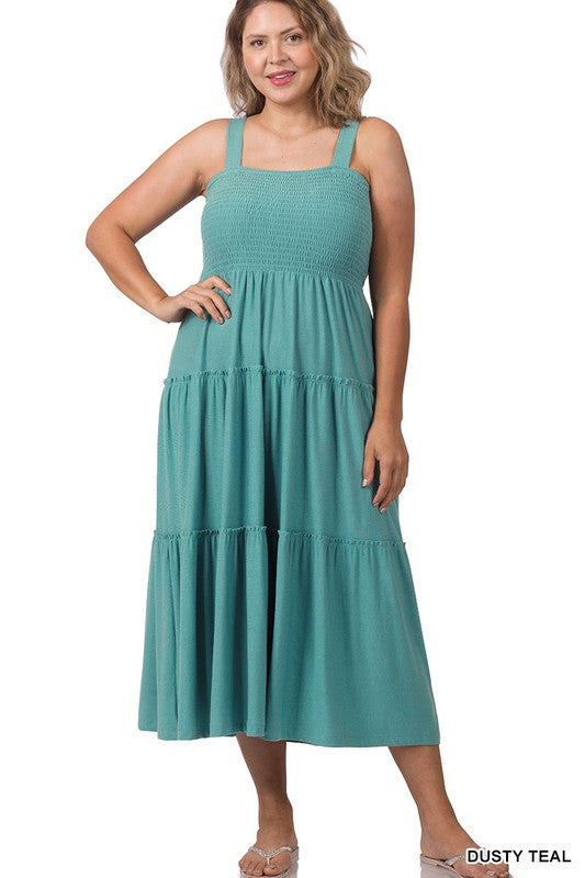 SMOCKED TIERED MIDI DRESS