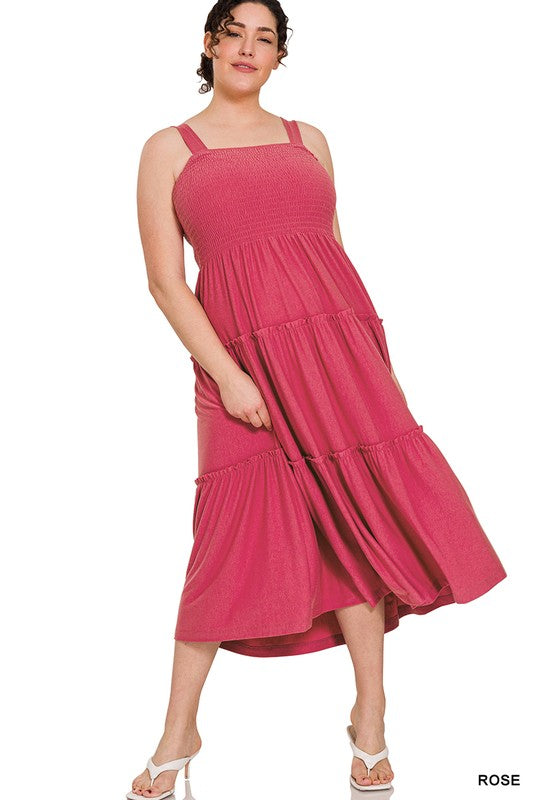 SMOCKED TIERED MIDI DRESS