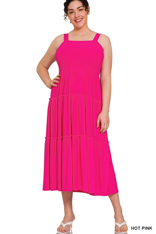 SMOCKED TIERED MIDI DRESS