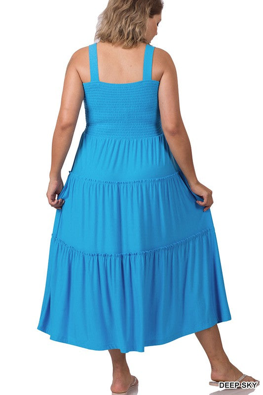 SMOCKED TIERED MIDI DRESS