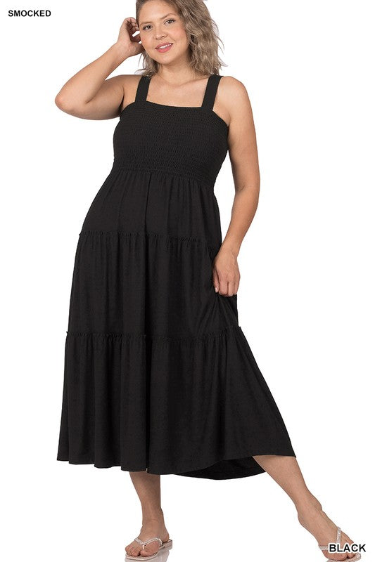 SMOCKED TIERED MIDI DRESS