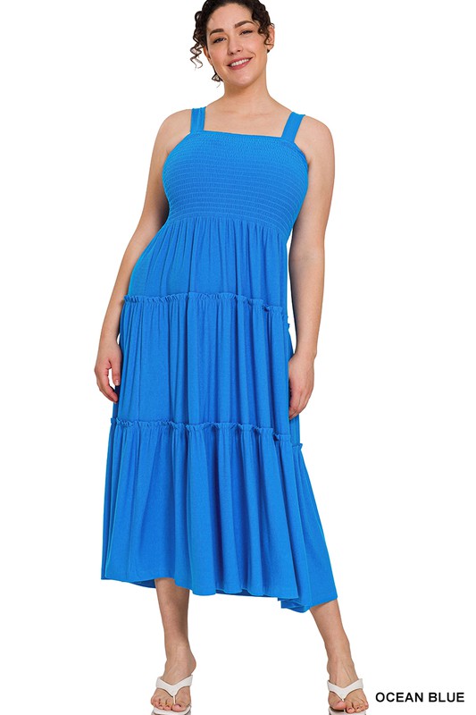 SMOCKED TIERED MIDI DRESS