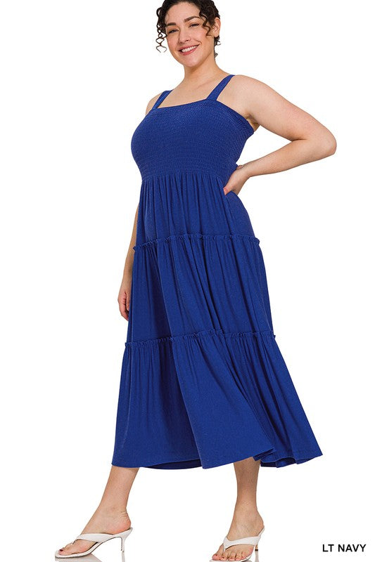 SMOCKED TIERED MIDI DRESS