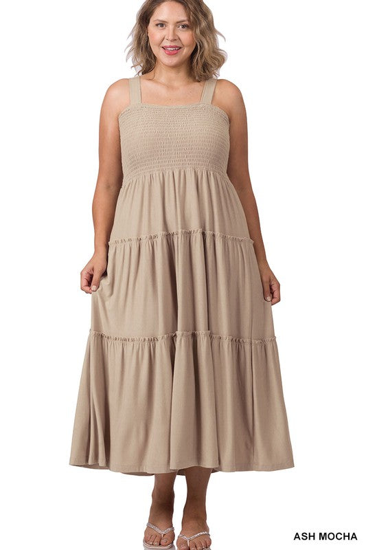 SMOCKED TIERED MIDI DRESS