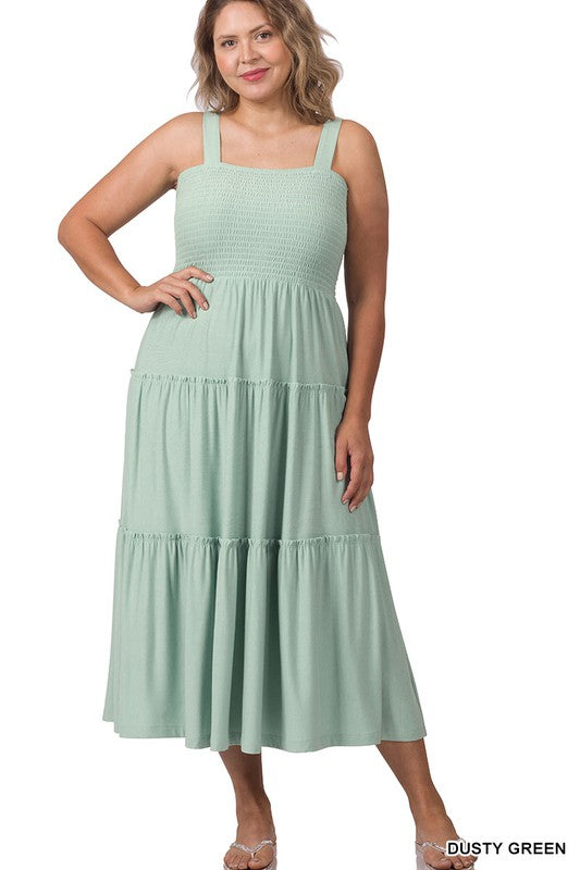SMOCKED TIERED MIDI DRESS