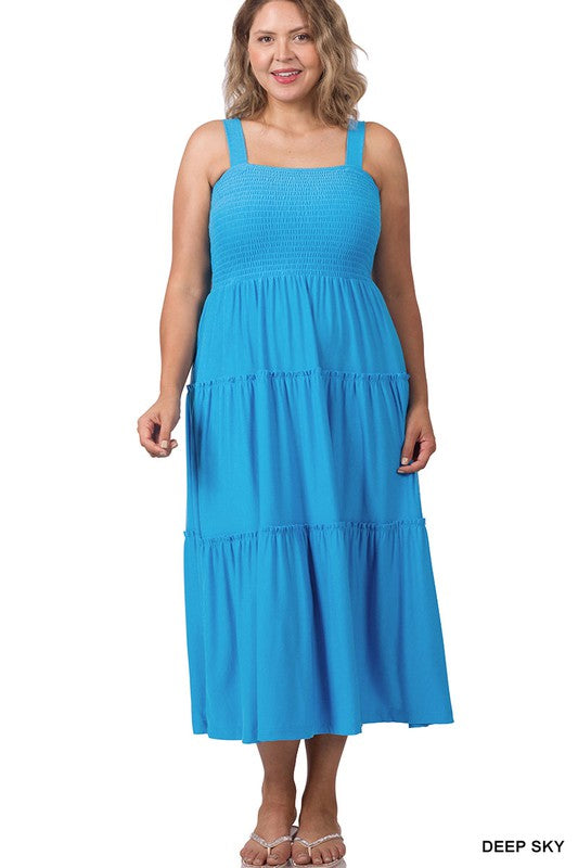 SMOCKED TIERED MIDI DRESS
