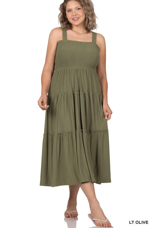 SMOCKED TIERED MIDI DRESS