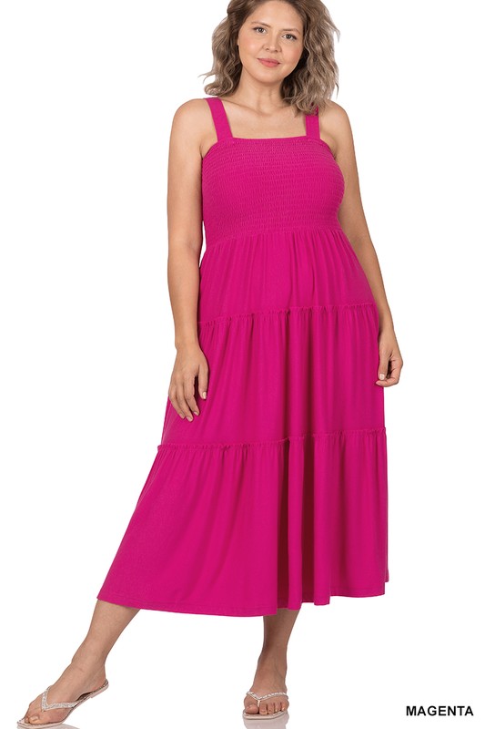 SMOCKED TIERED MIDI DRESS